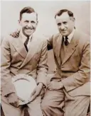  ??  ?? Bobby Locke (left in picture) receiving the silver salver awarded to the low amateur in the 1936 Irish Open and Neil O’Briain (left)