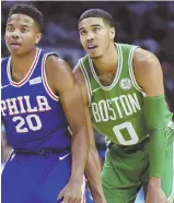  ?? AP PHOTO ?? KID STUFF: Celtics rookie Jayson Tatum stands behind Sixers rookie Markelle Fultz on Friday.