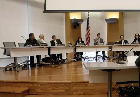  ?? NANCY LANE / HERALD STAFF FILE ?? SHUFFLE BOARD? The Boston School Commitee interviews a possible superinten­dent candidate in 2019. A nonbinding question asking whether the board should be elected, rather than appointed by the mayor, is nearing approval for the ballot.