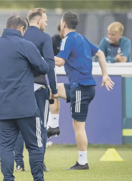  ??  ?? 2 Scotland striker Lyndon Dykes pictured during a training session at Rockliffe Park in Darlington yesterday as Steve Clarke’s men prepare for tomorrow night’s crucial Group D clash with Croatia at Hampden