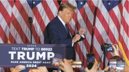  ?? ALEX WONG/GETTY ?? Former President Donald Trump celebrates his New Hampshire primary win over Nikki Haley on Tuesday night in Nashua.