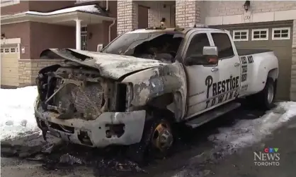  ??  ?? Screenshot from a CTV News Toronto news broadcast regarding a string of tow truck fires. Photograph: CTV News Toronto