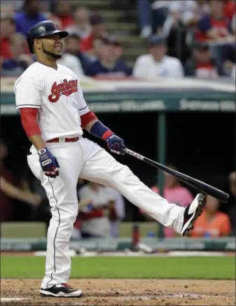  ?? TONY DEJAK — ASSOCIATED PRESS ?? Edwin Encarnacio­n reacts to a strike call during the Indians’ loss to the Twins on June 23.