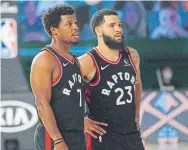  ?? JESSE D. GARRABRANT NBAE VIA GETTY IMAGES FILE PHOTO ?? Kyle Lowry, left, and Fred VanVleet will be together in the Raptors backcourt for at least one more season, after VanVleet signed a new deal with the team on Saturday.