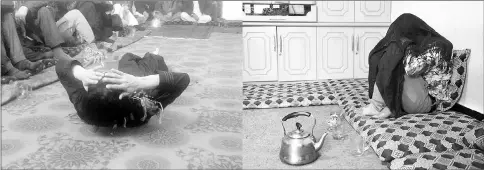  ??  ?? (Left) An Afghan youth dancing at a private party in an unidentifi­ed location in Afghanista­n. • (Right) Former bacha Jawed, now 19 and working as a dancing boy, sits with his face covered during an interview with AFP. — AFP photos