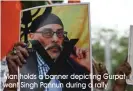  ?? Man holds a banner depicting Gurpatwant Singh Pannun during a rally ??