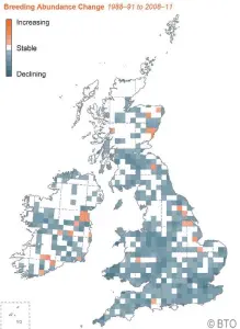  ??  ?? Map showing the breeding abundance change across the UK from 1988-91 to 2008-11.