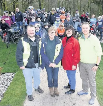  ??  ?? ●● MARCH: Andrew Walmsley, Trisha Brindle, Coun Barbara Ashworth and James Kenyon with bikers at the launch of the new £30,000 pump track at Stubbylee Park, Bacup