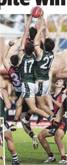  ?? Pictures: ALAN BARBER ?? UP & AT ‘EM: Players fly for the mark; and (left) Bell Park’s Stephen Bensted gets clear of trouble.