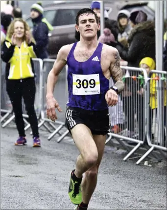  ??  ?? The winner: First home in last year’s Tubbercurr­y St Patrick’s Day Road Race was JP Carty of Sligo Athletics Club. Photo: Tom Callanan.