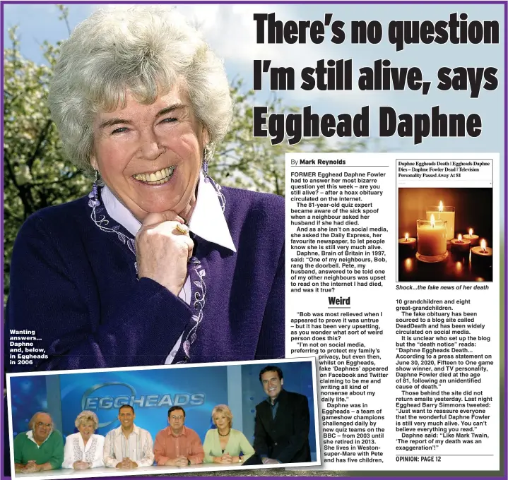  ?? Pictures: MARK ATHERTON/ARCHANT, BBC ?? Wanting answers... Daphne and, below, in Eggheads in 2006