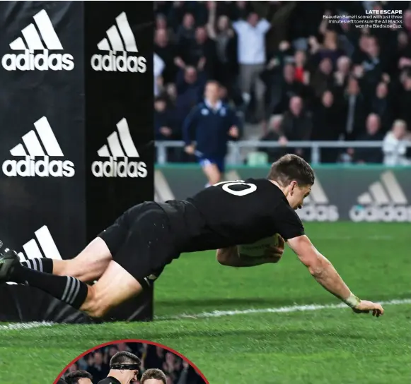  ??  ?? LATE ESCAPE Beauden Barrett scored with just three minutes left to ensure the All Blacks won the Bledisloe Cup.