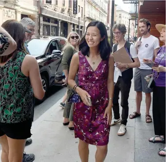  ?? JiM MicHAuD / boston HerAlD ?? WU: Mayoral candidate City Councilor Michelle Wu appears at a gathering on Salem Street in the North End on Sunday.