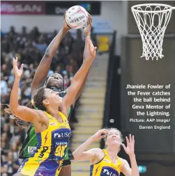  ?? Picture: AAP Image/ Darren England ?? Jhaniele Fowler of the Fever catches the ball behind Geva Mentor of the Lightning.