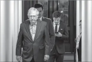  ?? Anna Moneymaker
/ Getty Images ?? Senate Minority Leader Mitch Mcconnell, R-KY., walks back to his office in the U.S. Capitol Building on Aug. 3 in Washington, D.C.