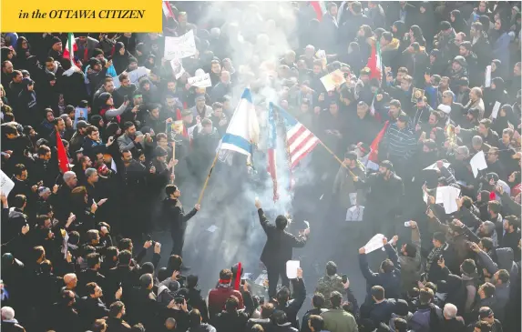  ?? ATTA KENARE /AFP VIA GETTY IMAGES ?? Protesters set U.S. and Israeli flags on fire during a Tehran funeral procession Monday to mourn Iranian military commander Qassem Soleimani, killed in a U.S. drone attack.