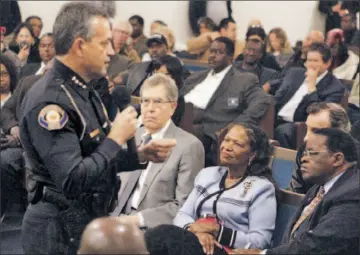  ?? Irfan Khan
Los Angeles Times ?? PASADENA POLICE CHIEF Phillip Sanchez meets with residents at New Revelation Missionary Baptist Church to discuss the investigat­ion into the controvers­ial police shooting of 19-year-old Kendrec Mcdade.