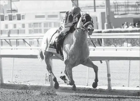  ?? Benoit Photo ?? CUPID AND JOCKEY Rafael Bejarano head for the finish line in the $500,000 Gold Cup at Santa Anita. Cupid went off at 7-to-1 odds.