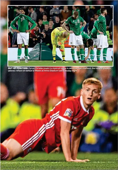  ??  ?? OUT OF POSITION: Cyrus Christie (main) is more at home in defence than midfield; the Ireland players (above) reflect on defeat to Wales at Aviva Stadium last Tuesday night