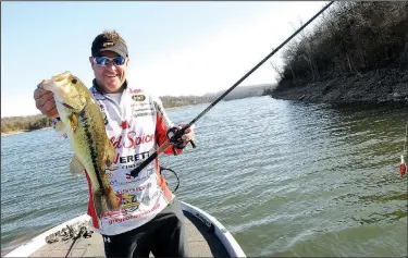  ?? NWA Democrat-Gazette/FLIP PUTTHOFF ?? One of three largemouth bass Bohannan caught Jan. 27 at one point on the upstream end of Table Rock Lake. Bohannan is a pro angler on the Walmart FLW Tour.