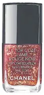  ??  ?? LEFT Le Top Coat in Lamé Rouge Noir, an unusual product for nails that combines glitter, clear polish and Chanel’s distinctiv­e deep red, also known as Vamp, in a single bottle.