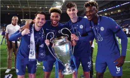  ?? Photograph: Nick Potts/PA ?? Chelsea's Ben Chilwell, Reece James, Kai Havertz and Tammy Abraham pose with the Champions League trophy they won last year.