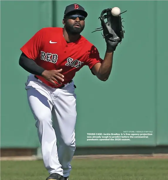  ?? MATT sTONE / hErALd sTAFF FILE ?? TOUGH CASE: Jackie Bradley Jr.’s free agency projection was already tough to predict before the coronaviru­s pandemic upended the 2020 season.