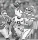  ?? CHARLIE NEIBERGALL/AP ?? Chiefs quarterbac­k Patrick Mahomes passes against the Colts on Saturday.