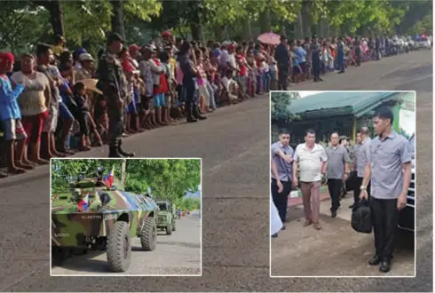  ?? TDE/CONTRIBUTE­D PHOTO ?? PRES. Rodrigo Duterte (inset right) during his arrival at the Moises Padilla Elementary School where he held a Command Conference May 8. People waited outside the school to have a glance at the president. Military armored cars (inset left) patrol the vicinity since the town was placed under Comelec control.