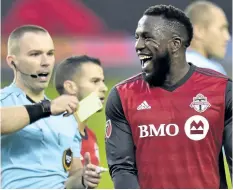  ?? FRANK GUNN/ THE CANADIAN PRESS ?? Toronto FC forward Jozy Altidore ( 17) reacts after receiving a yellow card during first half MLS soccer action against the New York Red Bulls, in Toronto on Nov. 5.