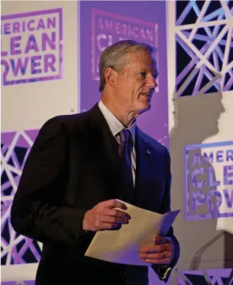  ?? MATT STONE / HERALD STAFF ?? A FINE LINE: Gov. Charlie Baker leaves after speaking at the Offshore WINDPOWER Conference and Exhibition at the Omni Boston Hotel Oct. 13.