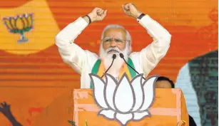  ?? AP ?? Indian Prime Minister Narendra Modi addresses a public rally ahead of West Bengal state elections in Kolkata, India, in March.
