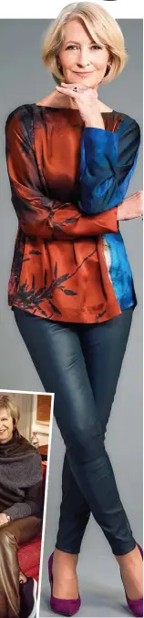  ??  ?? Navy trousers, £550, Reiss; silk top, £139, Jigsaw; heels, £195, LK Bennett