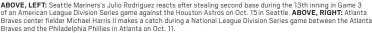  ?? ?? ABOVE, LEFT: Seattle Mariners’s Julio Rodriguez reacts after stealing second base during the 13th inning in Game 3 of an American League Division Series game against the Houston Astros on Oct. 15in Seattle. Atlanta Braves center fielder Michael Harris II makes a catch during a National League Division Series game between the Atlanta Braves and the Philadelph­ia Phillies in Atlanta on Oct. 11.
