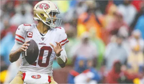  ?? ROB CARR/GETTY IMAGES ?? Jimmy Garoppolo has thrown six intercepti­ons against seven touchdowns, but the only number that counts to his teammates in San Francisco is the 49ers are 6-0 heading into this week’s game against Carolina after going 4-12 last season with Garoppolo on the sidelines.