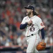  ?? DAVID J. PHILLIP — THE ASSOCIATED PRESS ?? Houston Astros starting pitcher Lance McCullers Jr. reacts after he got the White Sox’s Adam Engel to ground out to end the top of the fifth inning Thursday in Houston.