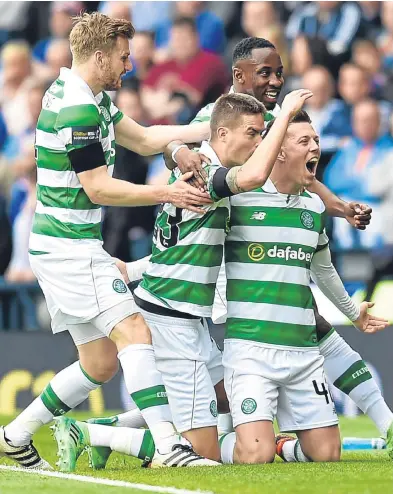  ?? SNS. ?? Callum McGregor, above, celebrates after opening the scoring for Celtic; top from left: frustratio­n for veteran Gers striker Kenny Miller; Hoops boss Brendan Rodgers is jubilant on the final whistle, while his opposite number Pedro Caixinha issues...