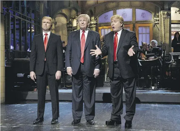  ?? DANA EDELSON/NBC ?? Taran Killam, left, Donald Trump and Darrell Hammond take the stage on Saturday Night Live in 2015. Hammond was ramping up to play Trump last September — an impression he had done on the show for years — when he was told his services were no longer...