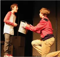  ?? Staff photo by Aaron Brand ?? ■ Isaac Linnett, left, and Jeremy Creek rehearse an early scene from the Silvermoon Children’s Theatre production of “Godspell.” The musical continues with shows tonight, Saturday and Sunday.