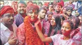  ?? HT PHOTO ?? New AUSU president Awanish Kumar Yadav with his supporters in Allahabad on Sunday.