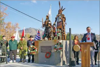  ?? BARB AGUIAR/Special to The Daily Courier ?? Westbank First Nation Coun. Thomas Konek addresses those attending the WFN’s National Aboriginal Veterans Day ceremonies Thursday morning.