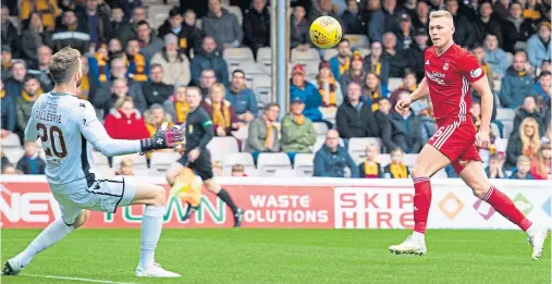  ??  ?? REMARKABLE: Sam Cosgrove opens the scoring at Motherwell and now has 15 goals from 16 matches