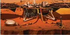  ?? Illustrati­on: Nasa, dpa ?? Der Lander „InSight“bringt das Forschungs­gerät HP3 (vorne rechts) auf den Mars. Es soll das Innere des Roten Planeten erkunden.
