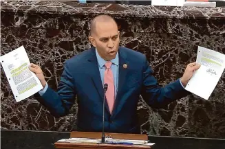  ?? Associated Press ?? Rep. Hakeem Jeffries, D-N.Y., pushed House Democrats to support Speaker Mike Johnson rather than see him ousted by far-right Republican­s led by Rep. Marjorie Taylor Greene.