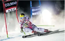  ?? MARCUS ERICSSON/AFP/Getty Images ?? Austria’s Marcel Hirscher competes during the FIS Ski World Cup men’s
giant slalom in Are, Sweden on Friday.