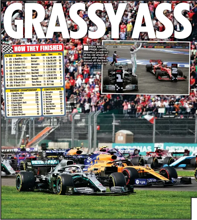  ??  ?? ■
PARK AND PRIDE: Lewis Hamilton jumps out of his car ahead of Vettel after being forced off the track on lap one