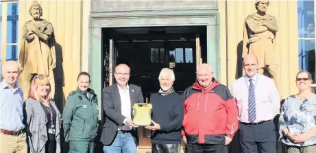  ??  ?? Welcomed From left UNISON branch officers Ewan Grant and Abigail Robertson, Karen Palmer of Scottish Ambulance Service, Councillor Danny Gibson, Alex Wilson, Stuart Ballantyne of Trossachs SAR, Norman McLeod, Team Leader for Corporate Compliance Health and Safety and Maureen Wilson