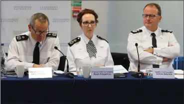  ?? Picture: Colin Mearns ?? Deputy chief constable Iain Livingston­e, deputy chief constable Rose Fitzpatric­k and deputy chief constable Johnny Gwynne at the board meeting in Stirling