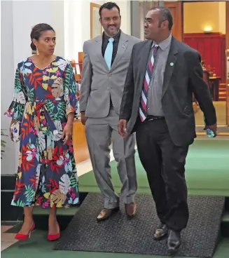  ?? Photo: Kelera Sovasiga ?? From left: SODELPA MP Lynda Tabuya, Government Whip Alvick Maharaj and SODELPA MP Mosese Bulitavu outside Parliament on July 28, 2020.