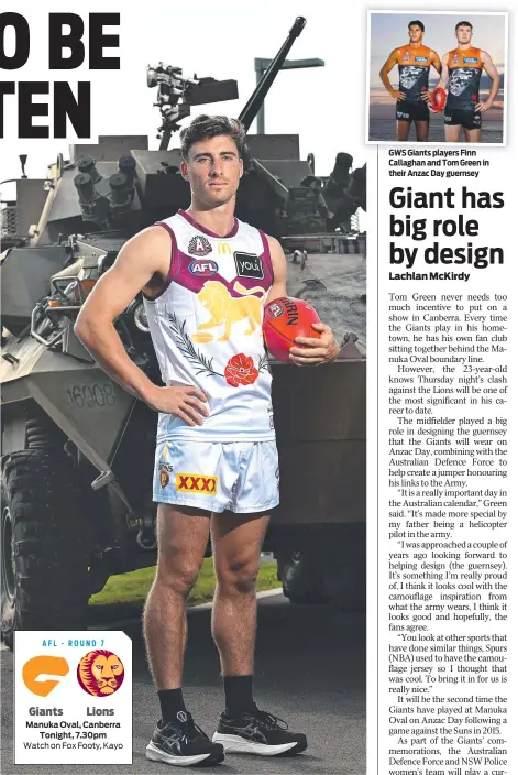  ?? ?? Brisbane Lions defender Noah Answerth with an Army ASLAV at the Brighton Homes Arena in Springfiel­d. Picture: Lyndon Mechielsen/Courier Mail